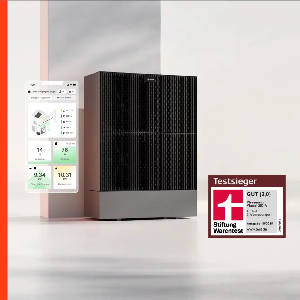 Viessmann Vitocal 250-A Außengerät mit Smartphone-App Energiemanagement und Stiftung-Warentest-Testsiegel: Testsieger, GUT (2,0), Ausgabe 10/2023.